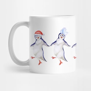 Funny Christmas Dancing Penguins Watercolor Mug